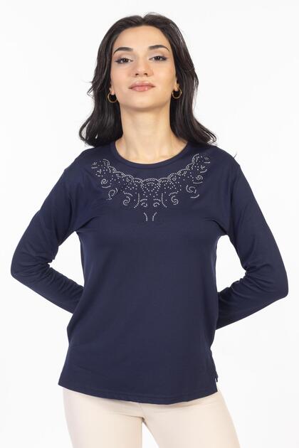 Yeni Model Taş İşlemeli Yuvarlak Yaka Likralı Anne Penye Bluz 6420