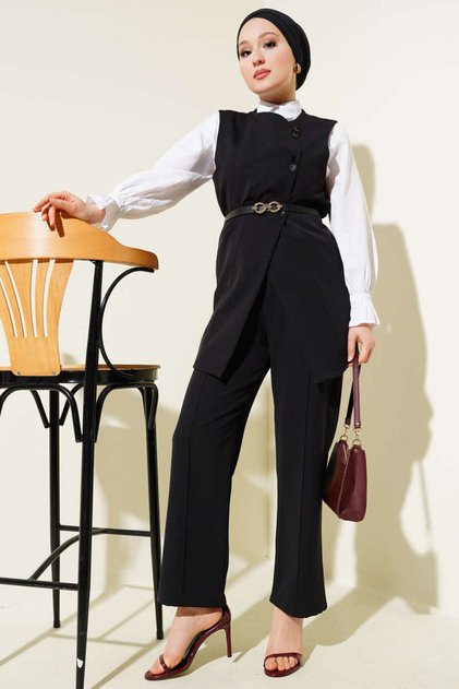 Women's Cross Mini Buttoned Vest with Belt Double Set