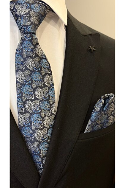 Navy Blue & Blue Paisley Patterned Premium Tie & Handkerchief with Gift Box