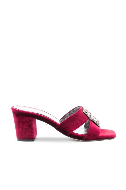 Kadife Taş Tokalı Kalın Topuklu Terlik (BURGUNDY VELVET)