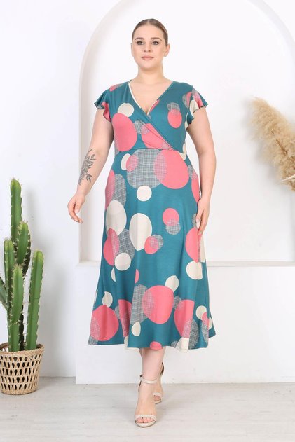 Women's Green Pink Polka Dot Pattern Ruffle Sleeve Double Breasted Collar Large Size Maxi Dress