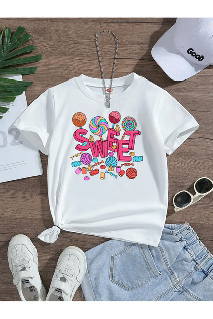 Sweet Printed Premium Tshirt with Crew Neck for Girls