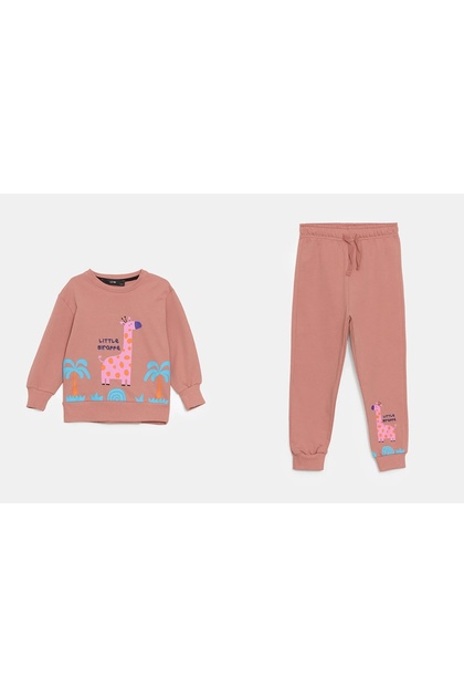 Lcw Kids Pink Crew Neck Printed Baby Girl Sweatshirt and Sweatpants Set
