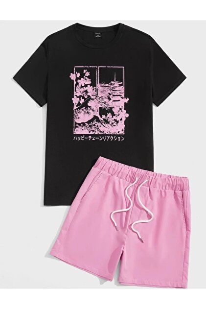 Pink Black Floral Printed Shorts T-Shirt Set