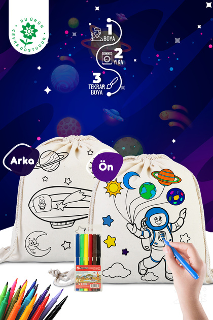 Boyanabilir Astronot/zeplin Büzgülü Bez Çanta - Kalemli