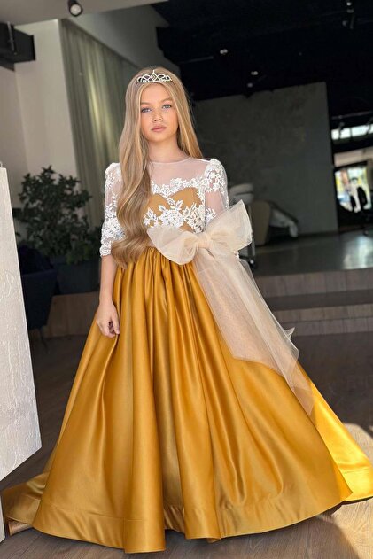Girl's Satin Mustard Long Evening Dress with Transparent Tulle Collar, Guipure Embroidered Shoulders and Sleeves, Bow Detail
