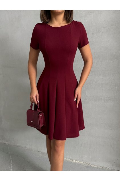 Women's Burgundy Straight Skirt Mini Woven Dress with Waist Opening
