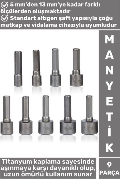 Premium Uzun Ömürlü Aşınmaya Dayanıklı Matkap Vidalama 5 Mm-13 Mm 9 Parça Manyetik Somun Adaptörü