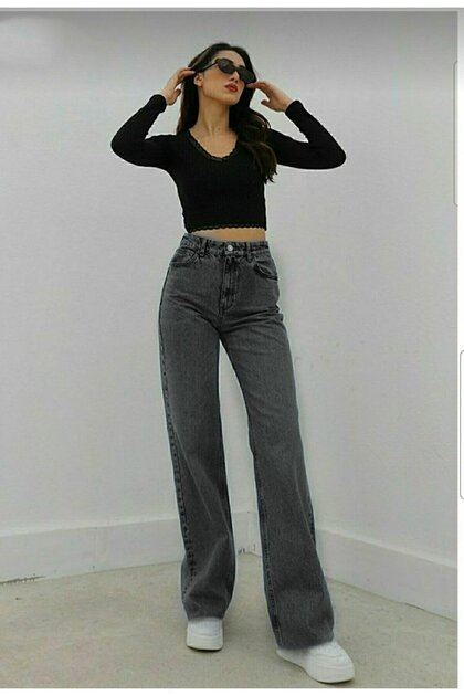 Talu Ash Grey Snow Lycra Super High Waist Loose Jeans Palazzo Pants