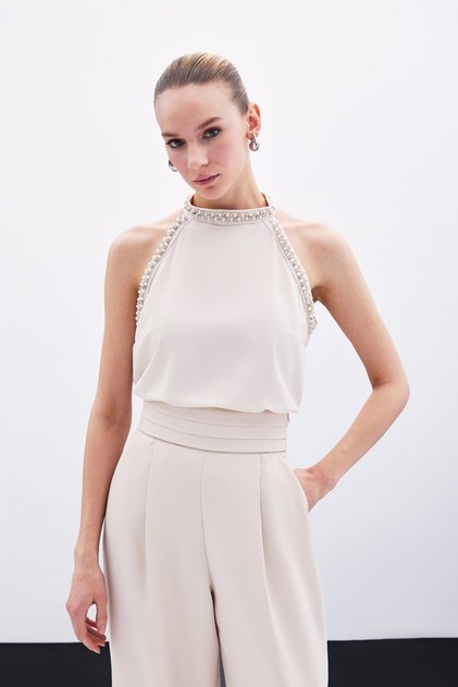 Sleeveless Blouse with Accessory Detail - Beige