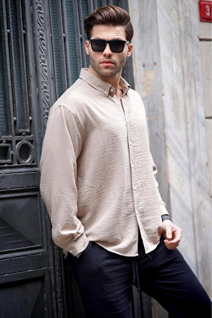 Madmext Beige Long Sleeve Oversize Men's Shirt 6735- Trendyol