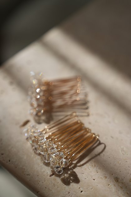 2 Pieces Crystal Beaded Gold Mini Comb Buckle, Engagement-Wedding Hair Accessory, 4 cm