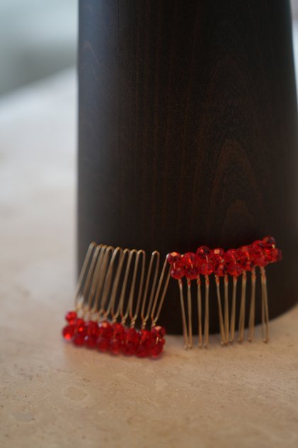 2-Piece Mini Crystal Beaded Gold Mini Comb Buckle, Engagement-Wedding Hair Accessory, 4 cm