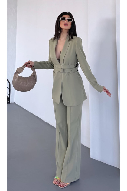 Women's Belted Jacket Pants Suit Khaki