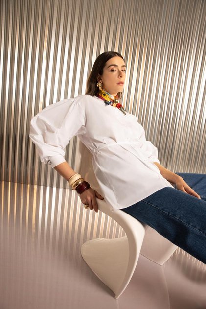 White-Thin Belted Pleated Lycra Poplin Shirt