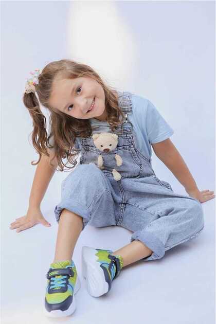 Girl's Teddy Bear Detailed Denim Denim Salopet Jumpsuit
