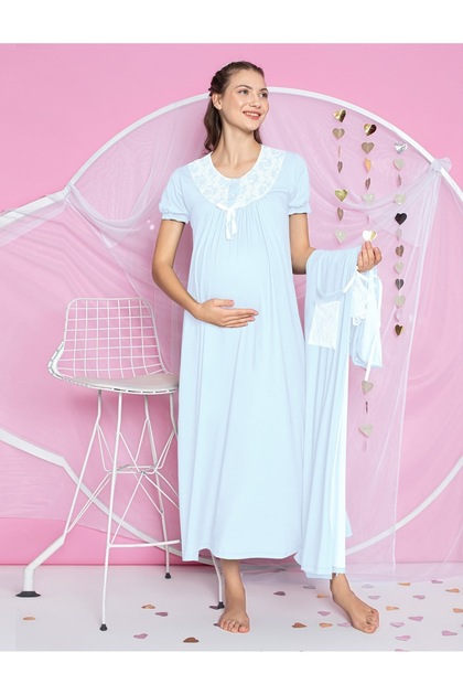 Maternity Long Dressing Gown, Openable Buttoned, Lace Detailed, Short Sleeve 2-Piece Nightgown Set
