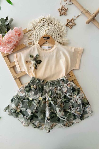 My Little One's Floral Textured Sequin Detailed Girls' 2-Piece Set - Green