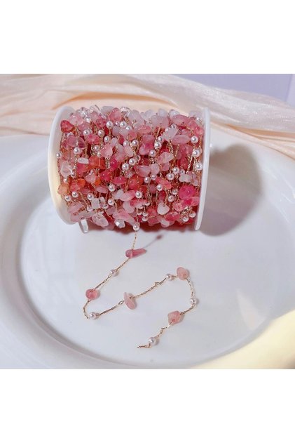Pink--KC Gold 1 Meter/lot Irregular Stone Beads Copper Chain with 4MM Pearls Beads Links for DIY Jew