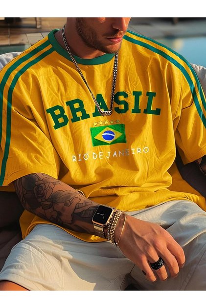 New Season Unisex Shoulder Detailed Brasil Printed Oversize T-Shirt