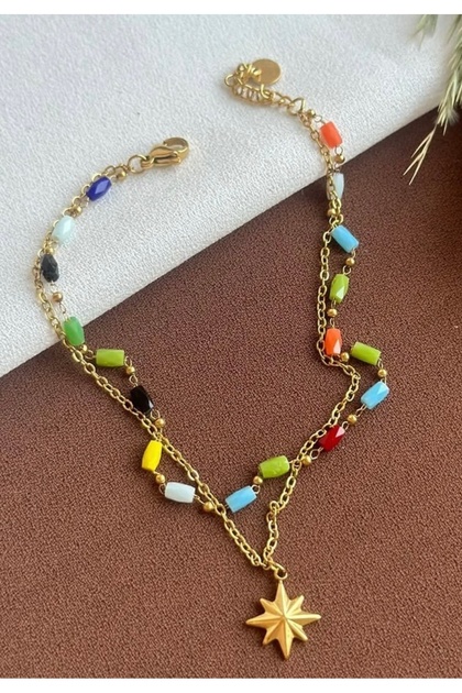 Steel Gold Colored Stone North Star Anklet