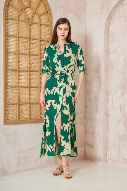 Women's Slim Fit Long Sleeve Waist Fitted 100% Viscose Belted Summer Dress 700-3413350