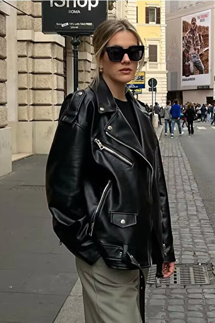 Jaglion Elvera Oversized Long Women's Black Leather Jacket- Trendyol