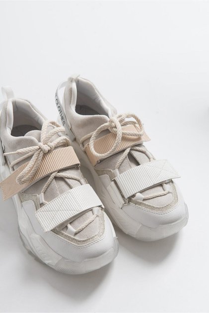 Lulen White White Patent Leather Glitter Written Velcro Women's Sports Sneakers