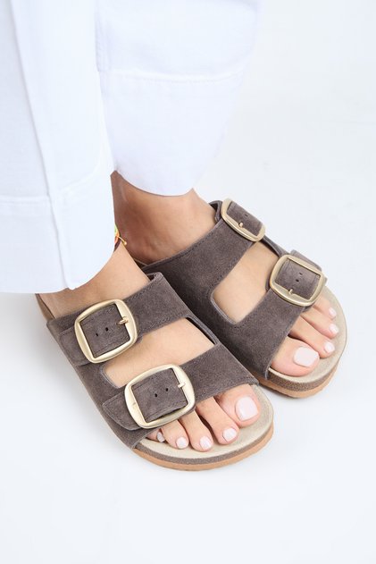 Irene Women's Genuine Leather Double Velcro Brown-gold Slippers