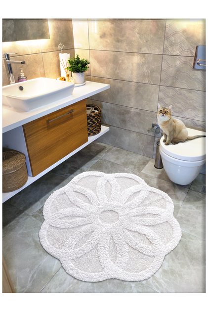 Cotton Tufted Water Absorbent Bath Mat, Bathroom Rug Lotus 100X100 cm Ecru