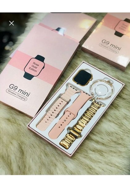 Mini G9 41mm GOLD ROSE Kadın Akıllı Saat 3 Kordonlu Kuğu Taşlı Bileklikli Süper WATCH