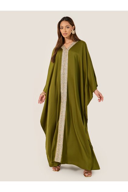 Satin V-Neck Lace Panel Kaftan