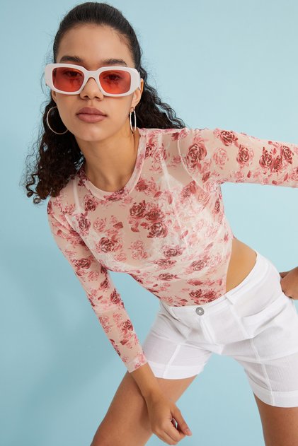 Women's Pink Rose Patterned Tulle Transparent Bodysuit