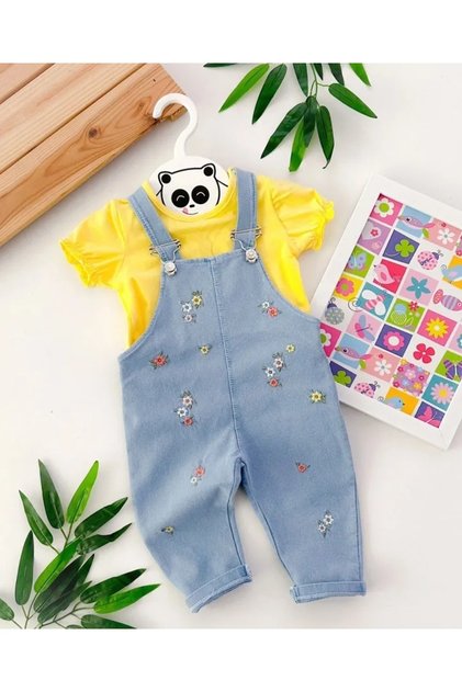 Flower Patterned Baby Girl 2-Piece Denim Salopet