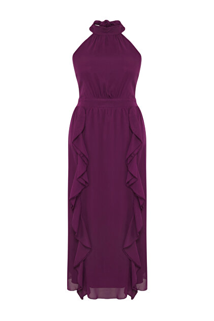 Trendyol Curve Purple Chiffon Maxi Ruffle Halter Woven Plus Size Dress  Tbbss25Ah00170- Trendyol