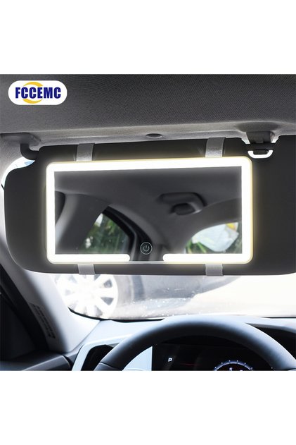 مرآة مكياج LED عالية الدقة بيضاء للسيارة مع لوحة واقي من الشمس وتعديل ثلاثي السرعات ومرآة خلفية داخلية