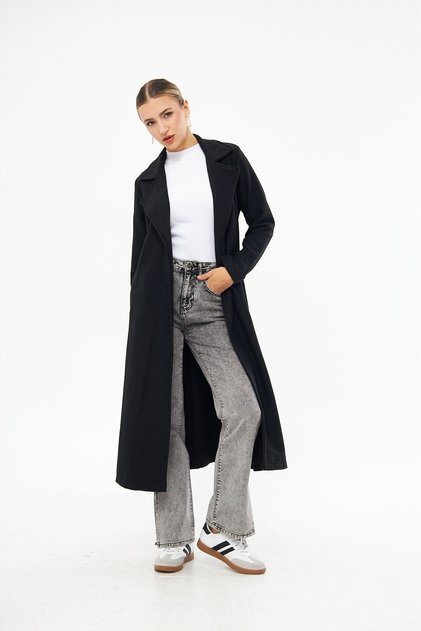 Women's Black Belted Winter Cashmere Coat Without Lining