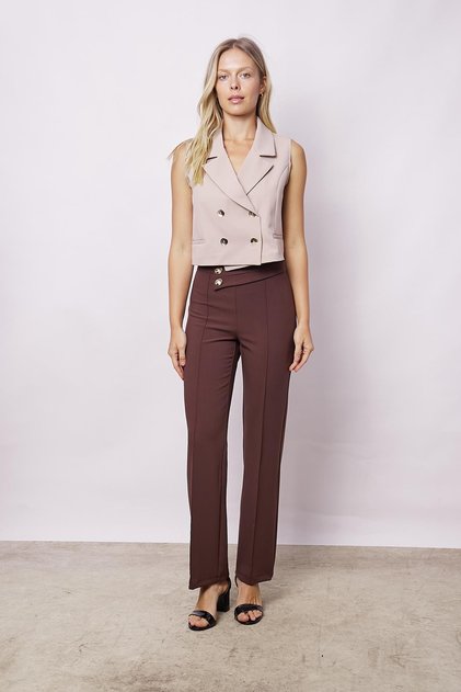 Women's High Waist Front Stitched Belt Buttoned Comfortable Leg Lightweight Lycra Fabric Office Trousers-Coffee