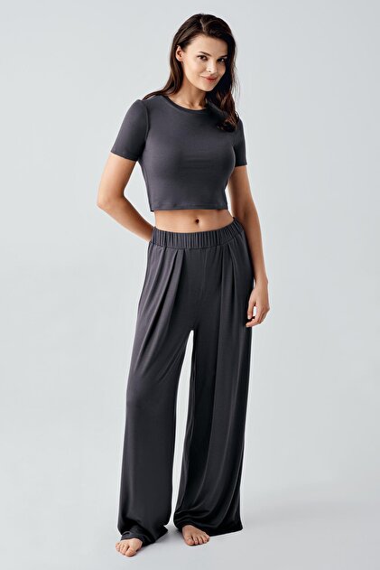 Artış Short Sleeve Crop Wide Leg Stretchy Viscose Pajama Set- Trendyol