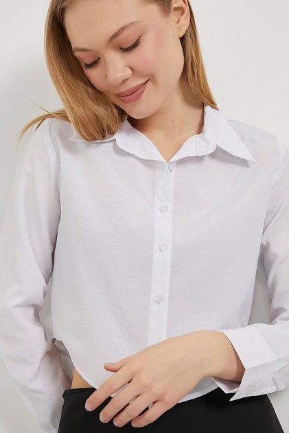 Women's Short Summer Long Sleeve Loose White Crop Shirt