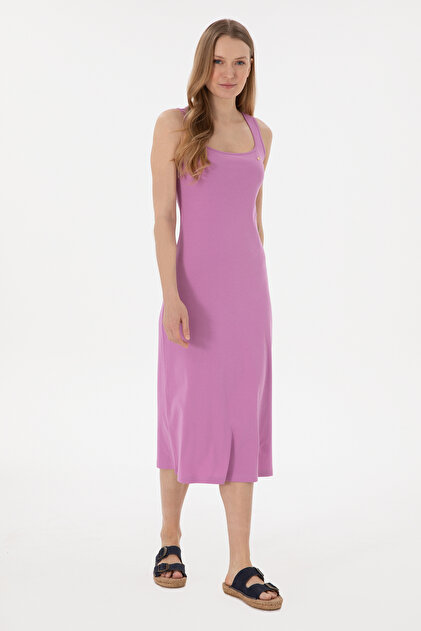 Rochie tricotată de damă, roz, fără mâneci, cu guler pătrat, lungime midi 50305835-VR023