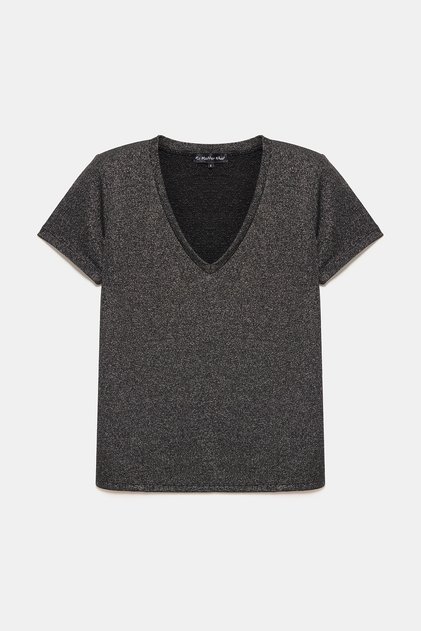 Kadın Parlak Basic T-Shirt V Yaka Kısa Kollu