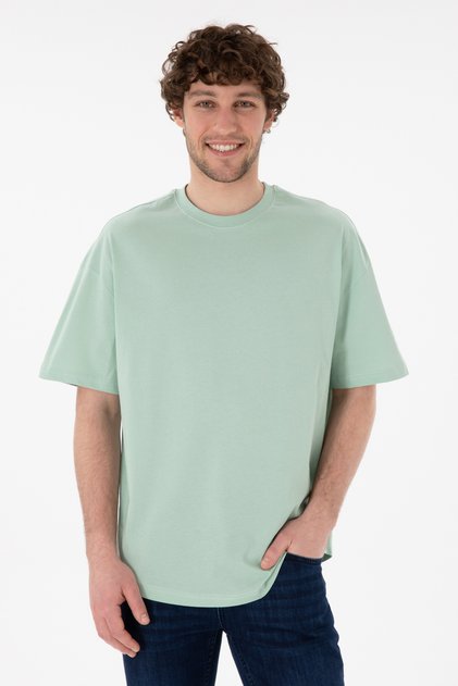 Men's Long Fit Crew Neck Water Green Basic T-Shirt 50305988-Vr048