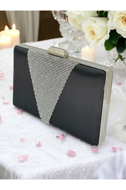 Black Satin Silver Stone Evening Dress 2026 New Season Bag Evening Bag Engagement Wedding Useful Structure