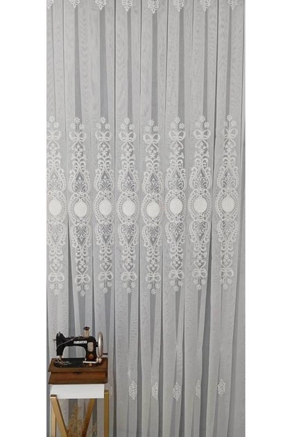Ottoman White Ecru Court Embroidered Living Room 3-Layer Pleated Tulle Curtain