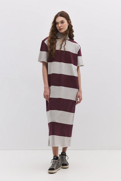 Women's Closed Collar Slit Striped Midi Dress Short Sleeve