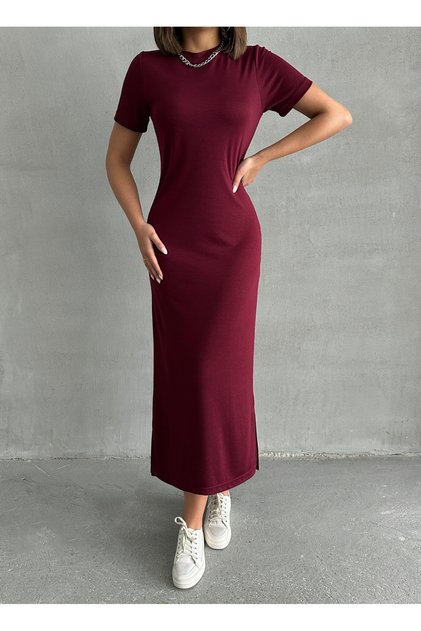 Women's Burgundy Modal Textured Soft Long Stretch Dress