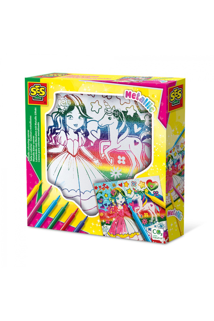 Set de colorat creativ pentru copii pe pânză, prințesă și unicorn, cu efect metalic