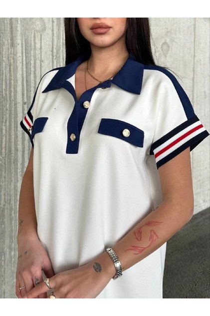 Garnish Buttoned Polo Collar Sleeve Striped Modal Fabric Dress