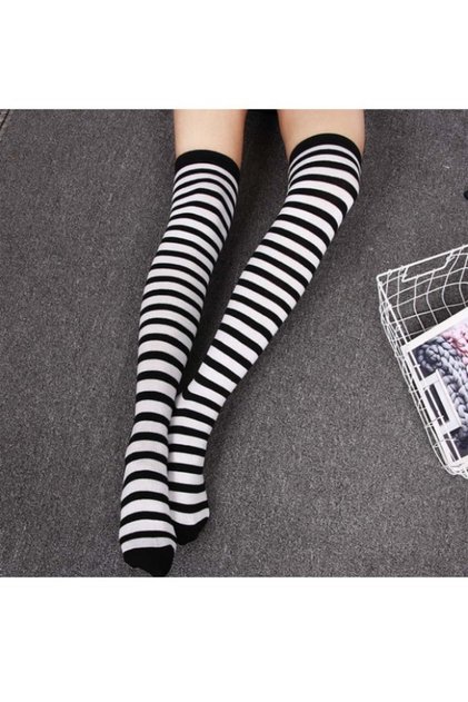Special Series Women's Extra Long Black White Black White Striped Knee High Socks